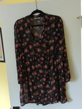 stradivarius Black Long Sleeve Dress with Pink and Purple Roses